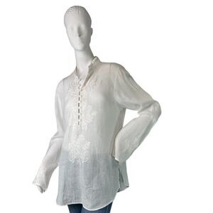 Wallmann Textile Austria 100% Linen White Tunic Blouse Embroidered Size 38, Med